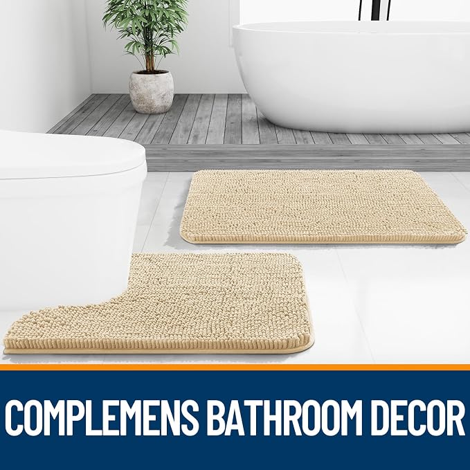 OLANLY Large Bathroom Rugs 59x35, Extra Soft Absorbent Chenille Bath Rugs | Beige, Quick-Drying Rubber Backing, Machine Washable Bath Mat for Bathroom Floor, Tub and Shower, Home Decor Accessories