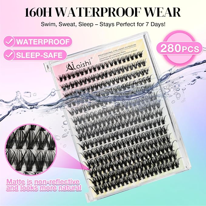 Lash Clusters DIY Cluster Eyelash Extensions 280pcs 9‑16mm 40D Fluffy D Curl Natural Volume Lashes–Waterproof Fake Cat Eye Wispy Individual Soft Clusters (16MIX2-2-X)