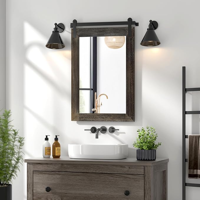 COGOOD Farmhouse Bathroom Mirrors for Over Sink - 30 x 22 Speckled White | Rustic Barn Door Wood Framed Vanity Mirror for Entryway, Living Room, Bedroom, Dresser Wall Decor