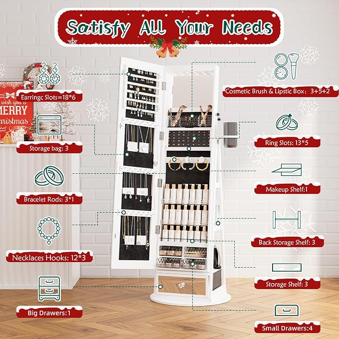 Mirror Jewelry Cabinet Standing, 360° Swivel Jewelry Armoire | with Drawer LED Lights, Lockable Jewelry Organizer with Storage Shelves