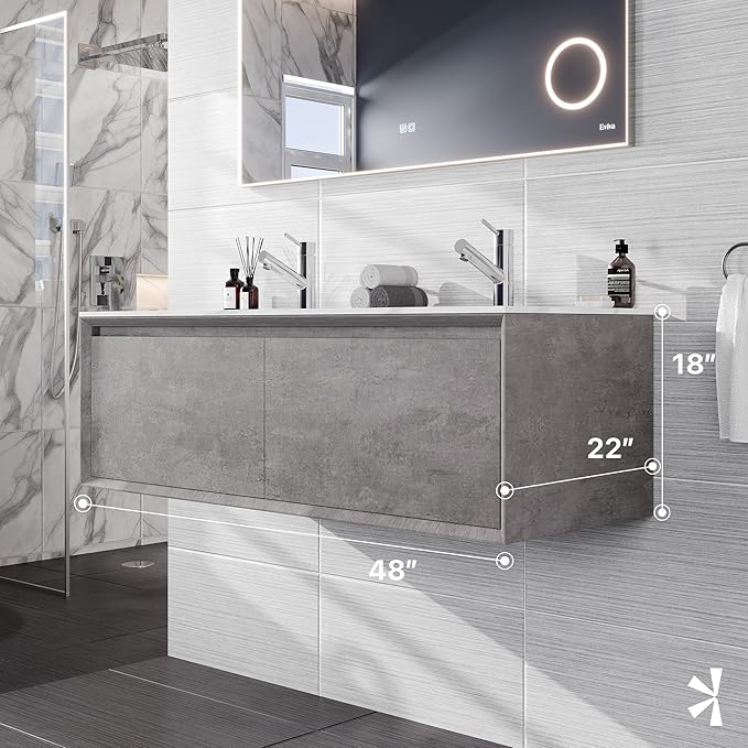 Eviva Aurora 48 in. Concrete Gray Wall Mount Double Sink Bath Vanity with Carrara Quartz Top