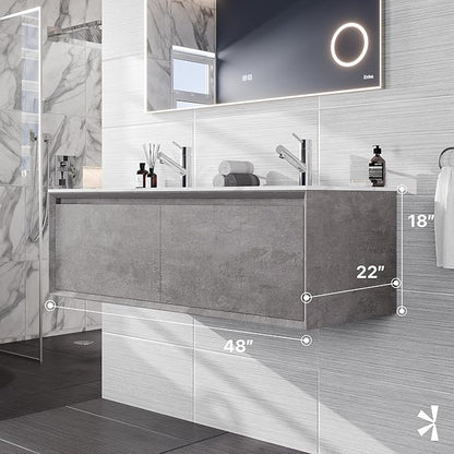 Eviva Aurora 48 in. Concrete Gray Wall Mount Double Sink Bath Vanity with Carrara Quartz Top