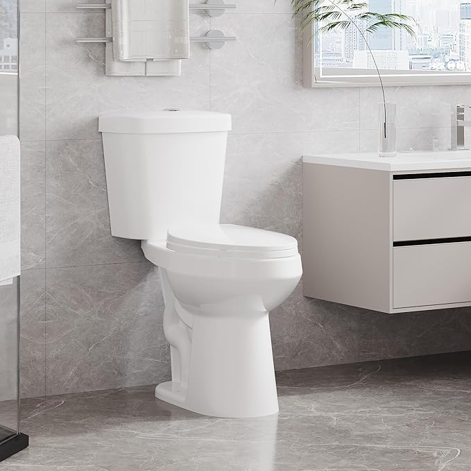 Two-Piece Toilets for Bathrooms, Comfort ADA Height 19", Elongated with Soft Close Seat, Power Flush 1.28 GPF