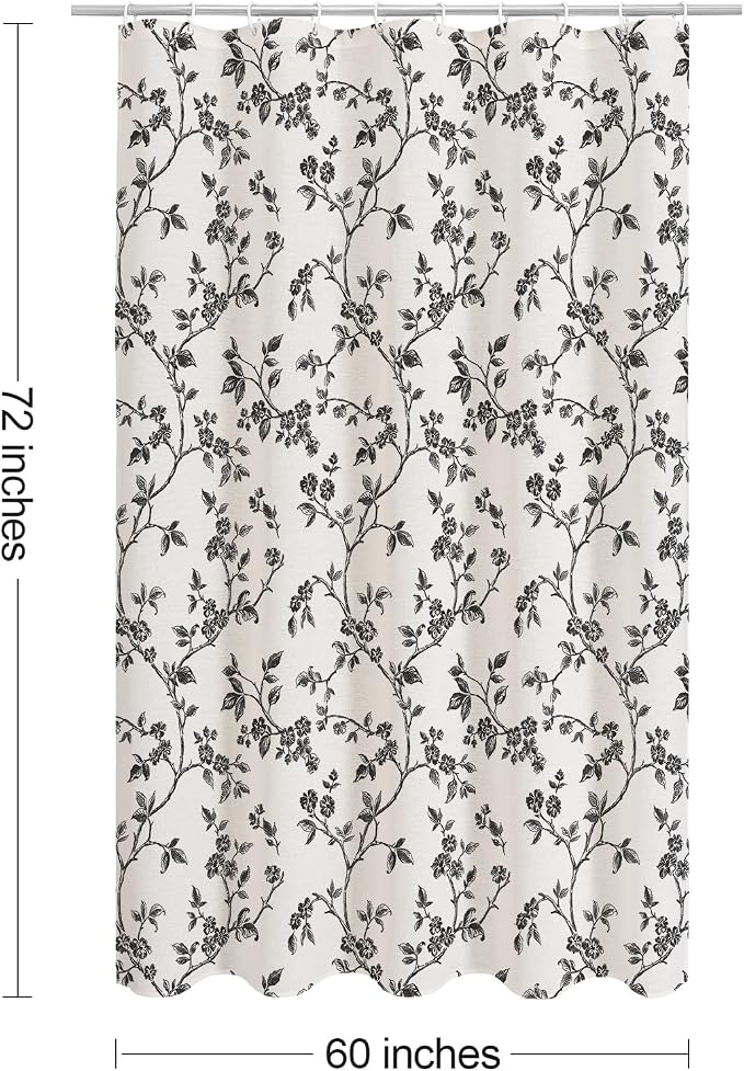 MitoVilla Black Cotton Floral Shower Curtain for Bathroom, 60 x 72 | Black BoHo Cottagecore Spring Shower Curtains, Modern Farmhouse Country Plant Leaves Bathroom Décor, 60 x 72