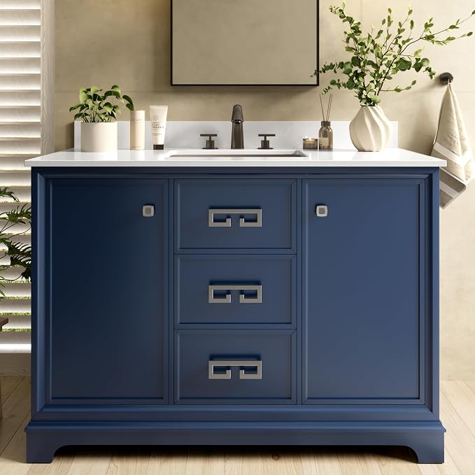 48 Inch Bathroom Vanity with Sink, Fully Assembled, Navy Blue | Bathroom Sink Cabinet with Marble Countertop & Backsplash, Soft Closing 2 Doors & 3 Drawers, Adjustable Shelves
