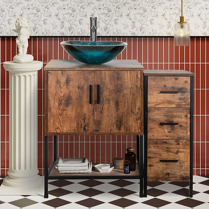 UEV 36" Antique Bathroom Vanity, Dark Brown Bathroom Vanity Set with Sink and 3 Drawers Side Cabinet Combo, Iron Wood Bathroom Cabinet with Adjustable Water Temperature Faucet (A10)