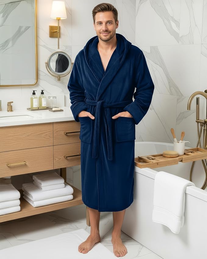 NY Threads Luxury Ultra Soft Mens Robe with Hood Plush Fleece Long Bathrobe