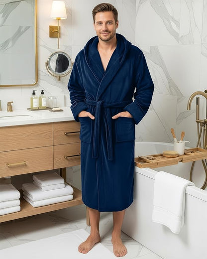 NY Threads Mens Robe with Hood, Luxury Plush Fleece Hooded Mens Bathrobe, Spa Bath Robe for Men