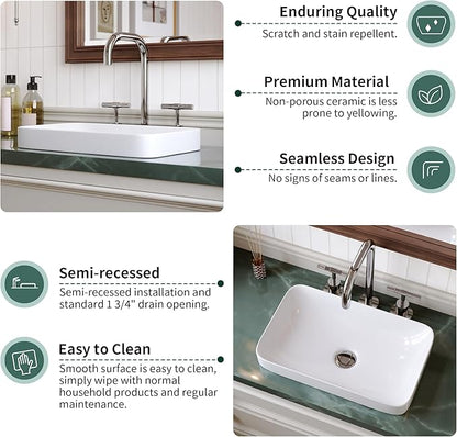 DeerValley Bathroom Vessel Sink, 19.29'' x 11.81'' x 4.72'' Semi Recessed Bathroom Sink Rectangular White Ceramic Sinks for Bathroom Modern Bath Sink Bowl Vanity Sinks Above Counter Basin DV-1V0047