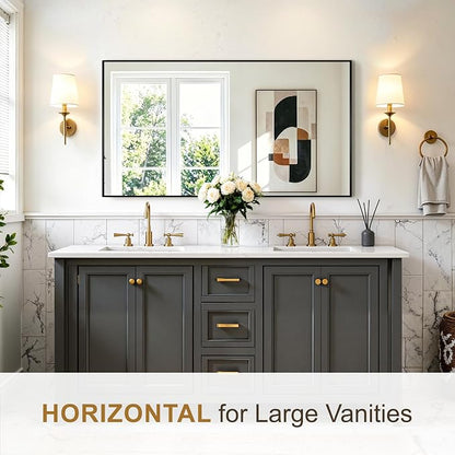 Rectangular Bathroom Mirror, 55"x30" Black Metal Framed Vanity Mirror | HD Shatterproof Wall Mirror, Horizontal or Vertical Hanging, Easy Installation for Bathroom, Bedroom, Living Room, Entryway