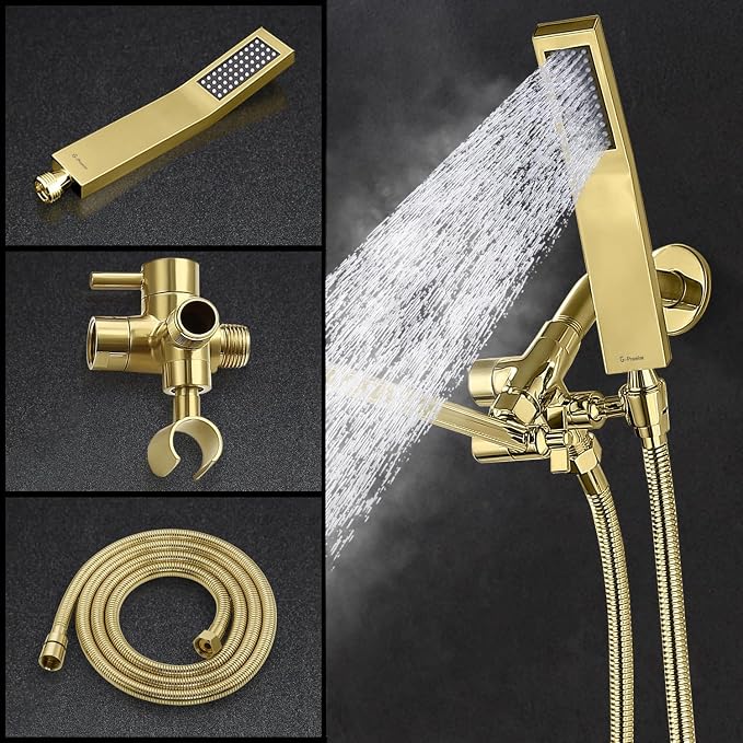 G-Promise All Metal 10" Dual Square Shower Head Combo | Rain Shower Head | Handheld Shower Wand | Adjustable | 3-Way Diverter | 71" Extra Long Hose - A Bathroom Upgrade (Polished Brass) | Built to Last, Easy Install, Adjustable Height & Angle for All H...