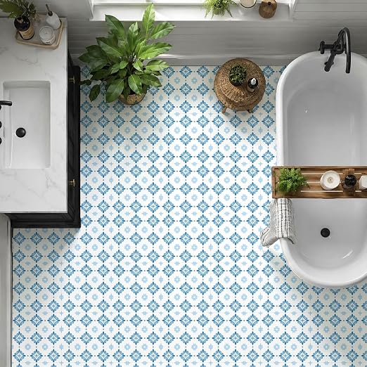 Blue White Floral Geometric Peel and Stick Floor Tiles 12x12 Inch 10PCS | Blue white floral geometric tile pattern vinyl floor stickers for kitchen bathroom entryway and indoor home decor