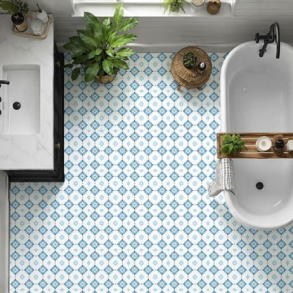 Blue White Floral Geometric Peel and Stick Floor Tiles 12x12 Inch 10PCS | Blue white floral geometric tile pattern vinyl floor stickers for kitchen bathroom entryway and indoor home decor
