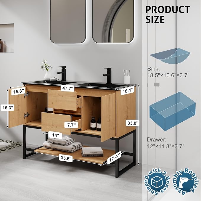 LUCKWIND 48" Modern Bathroom Vanity with Dual Black Sink Combo, Freestanding Storage Cabinet with Metal Frame, Water-Saving Faucet and Open Shelf and 2 Soft-Closing Door, Natural