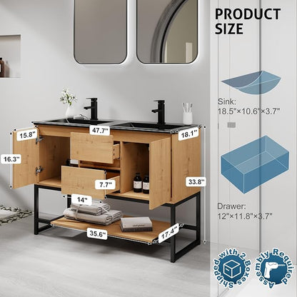 LUCKWIND 48" Modern Bathroom Vanity with Dual Black Sink Combo, Freestanding Storage Cabinet with Metal Frame, Water-Saving Faucet and Open Shelf and 2 Soft-Closing Door, Natural