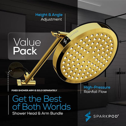 SparkPod 6" Round Rain Shower Head with 11" Shower Arm | Shower Head & Extension Arm Combo, Height Adjustable, High Pressure Performance, Easy 1-Minute Installation, Egyptian Gold