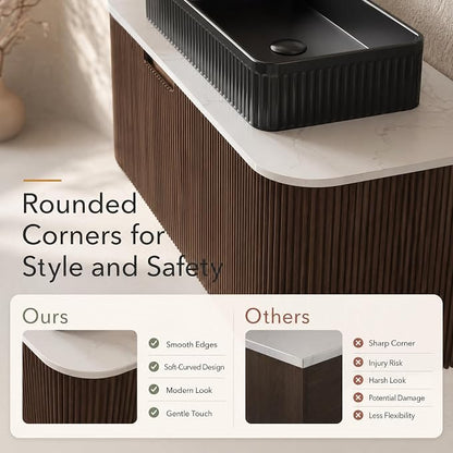 60 Inch Double Sink Bathroom Vanity, Floating Wall Mounted Cabinet, Dark Walnut Curved Fluted Front, Stone Top, Dual Black Textured Rectangular Vessel Basins, Pre-Assembled