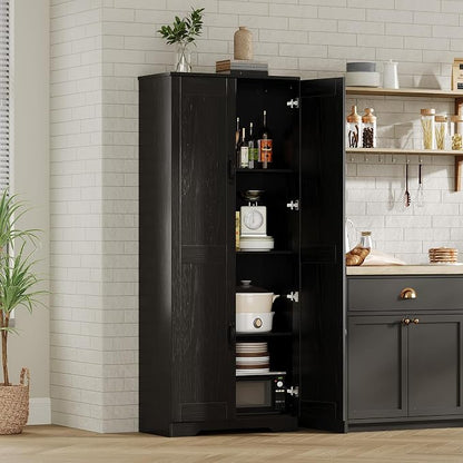 Garvee Tall Pantry Cabinet, 60" Kitchen Storage Cabinet with 2 Doors & Adjustable Shelves, Freestanding Wooden Cupboard for Bathroom，Dining Room, Living Room, Black | Kitchen Storage Cabinet with 2 Doors & Adjustable Shelves, Wooden Cupboard for Bathro...