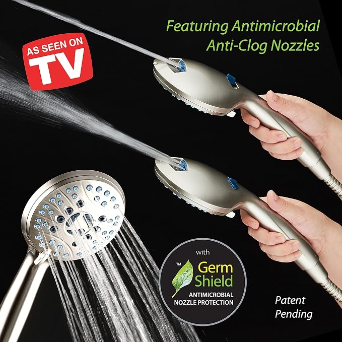 AquaCare 50-mode High Pressure 7 inch Shower Head Combo w/Dual Power Wash | Hygienic Jets, 2-mode Handheld Power Wash for Tub, Tile & Pets, Long 6 ft. Stainless Steel Hose, Extra Wall Bracket / Nickel