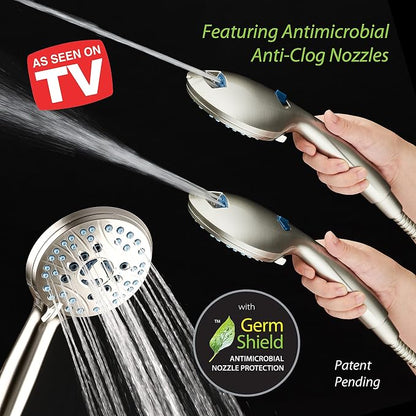 AquaCare 50-mode High Pressure 7 inch Shower Head Combo w/Dual Power Wash | Hygienic Jets, 2-mode Handheld Power Wash for Tub, Tile & Pets, Long 6 ft. Stainless Steel Hose, Extra Wall Bracket / Nickel