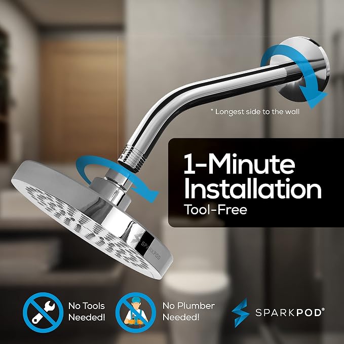 SparkPod 6" Rain Shower Head High Pressure w/ 9" Shower Arm, Chrome | High Pressure Shower Heads, 90 Nozzles, Adjustable Showerhead, No Tools Needed, Universal Connection, Gain Space & Style