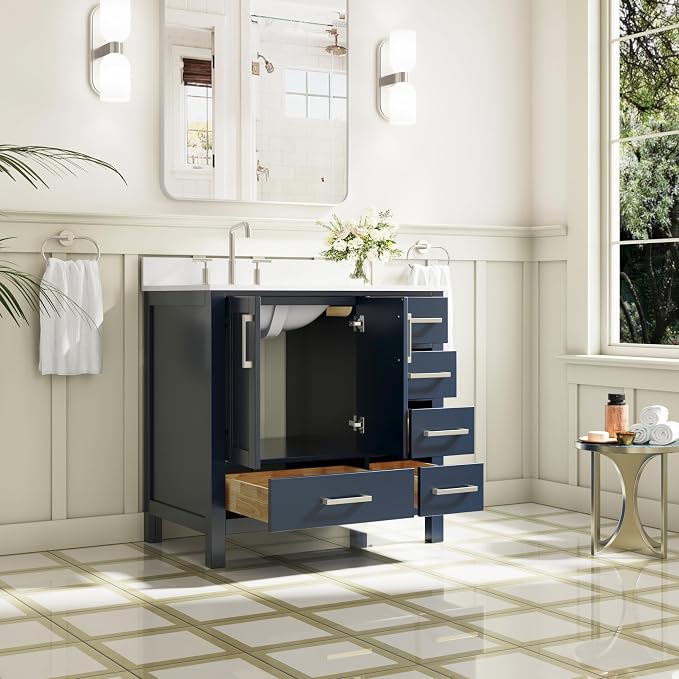 36-Inch Bathroom Vanity with Sink, 2 Soft-Close Doors and 5 Soft-Close Drawers, Bathroom Freestanding Vanity with Cultured Marble Countertop, Navy Blue Vanity with Brushed Nickel Handles