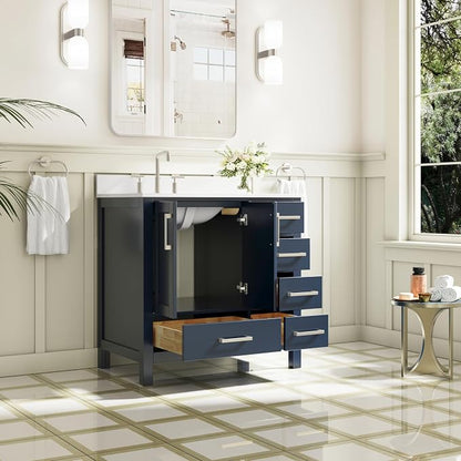 36-Inch Bathroom Vanity with Sink, 2 Soft-Close Doors and 5 Soft-Close Drawers, Bathroom Freestanding Vanity with Cultured Marble Countertop, Navy Blue Vanity with Brushed Nickel Handles