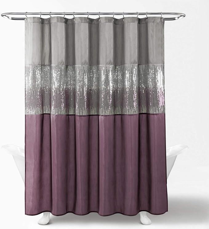 Lush Decor Night Sky Shower Curtain, Single, 72" W x 72" L, Gray & Purple - Sequin Shower Curtain - Sparkly Color Block Bath Curtain - Modern Glam Bathroom Decor
