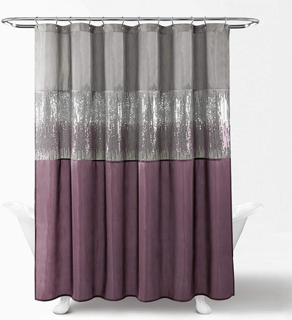 Lush Decor Night Sky Shower Curtain, Single, 72" W x 72" L, Gray & Purple - Sequin Shower Curtain - Sparkly Color Block Bath Curtain - Modern Glam Bathroom Decor