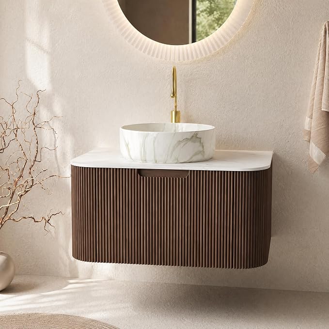 30 Inch Bathroom Vanity with Sink, Floating Wall Mounted Single Sink Vanity, Dark Walnut Curved Fluted Front, Stone Top, Marble-Look Round Vessel Basin, Pre-Assembled