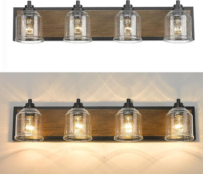 Vanity Lights for Bathroom Large 31.5", Farmhouse Rustic Vanity Light with Bubble Glass Shades, Brown 4 Light Bathroom Lighting Fixtures Over Mirror, Bath Wall Sconce Home Decor