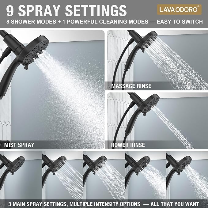 Handheld Shower Head with Magnetic Docking System | 9-Function High Pressure Detachable Shower Head, 5-inch Showerhead with 72 Inch Hose, Remote Dock, Matte Black, SH180-MB-D