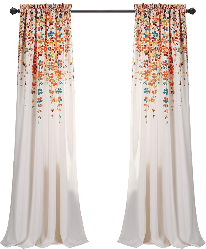 Lush Decor Weeping Flower Light Filtering Window Curtain Panels, Pair, 52"W x 108"L + 2" Header, Turquoise & Tangerine - Charming Modern Floral Curtains for Living Room, Dining Room, & Bedroom