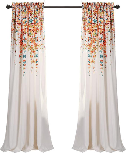 Lush Decor Weeping Flower Light Filtering Window Curtain Panels, Pair, 52"W x 108"L + 2" Header, Turquoise & Tangerine - Charming Modern Floral Curtains for Living Room, Dining Room, & Bedroom