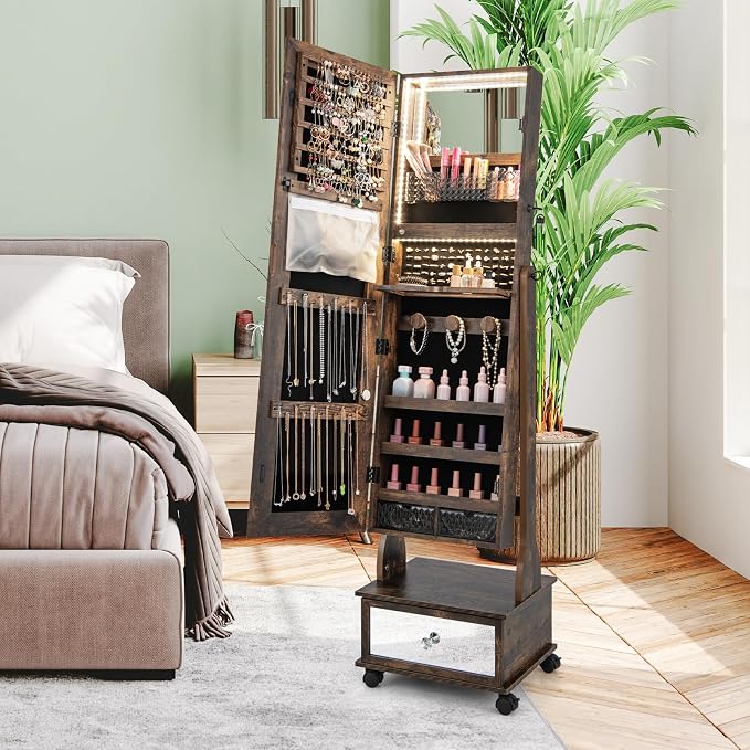 CHARMAID Rolling Jewelry Armoire with Full Length Mirror, Lockable Standing Jewelry Cabinet Organizer with Wheels & 3-Color Lights, Mirror with Jewelry Storage, Drawers & Shelves (Rustic Brown)