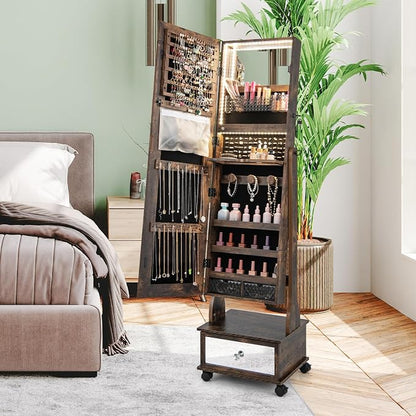 CHARMAID Rolling Jewelry Armoire with Full Length Mirror, Lockable Standing Jewelry Cabinet Organizer with Wheels & 3-Color Lights, Mirror with Jewelry Storage, Drawers & Shelves (Rustic Brown)