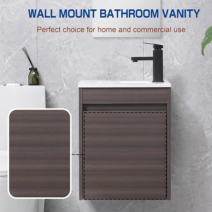 16" Bathroom Vanity Sink Combo for Small Space, Wall Mounted Bathroom Cabinet Set with White Resin Basin Sink Top Black Faucet Pop Up Drain Dark Walnut