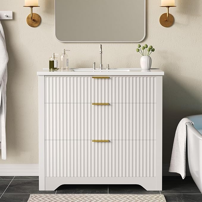 IDEALHOUSE 36" White Fluted Bathroom Vanity with Sink, Farmhouse Freestanding Bathroom Sink Cabinet with 2 Drawers & 1 Flip-Down Drawer, Easy Assembly & Cleaning
