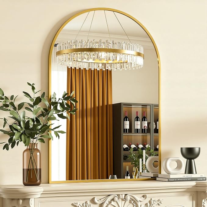 Antok Arched Bathroom Mirror, 26"x38" Wall Mounted Mirror, Vanity Mirrors for Over Sink, Aluminum Alloy Frame Bathroom Mirrors Living Room, Bedroom and Entryway, Gold