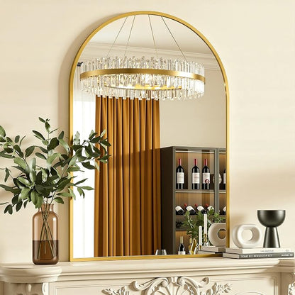 Antok Arched Bathroom Mirror, 26"x38" Wall Mounted Mirror, Vanity Mirrors for Over Sink, Aluminum Alloy Frame Bathroom Mirrors Living Room, Bedroom and Entryway, Gold