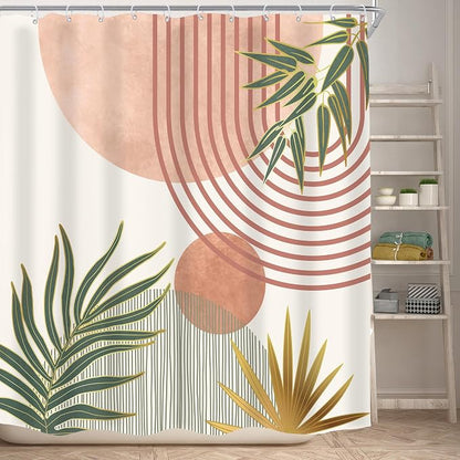 Mid Century Pink Green Boho Abstract Modern Bathroom Shower Curtain Set | 72Wx72L Orange design, waterproof HD print with fast-drying fabric and 12 hooks.