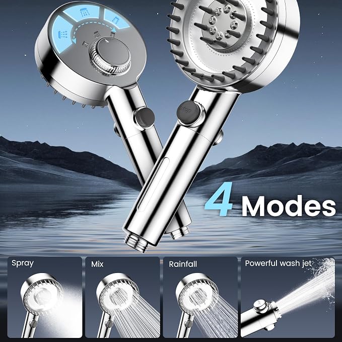 Filtered Shower Head with Handheld, High Pressure Showerhead with Filters | 4 Spray, ON/OFF Switch for Pets, Detachable Shower Heads with Water Softener Filter Beads for Hard Water- Remove Chlorine