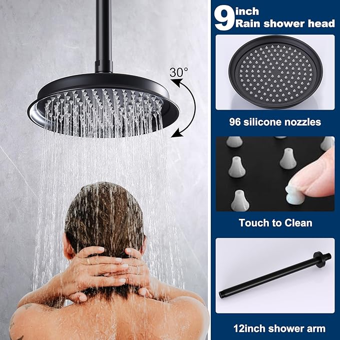 Antique Brass Shower System, 9" & 6" Dual Rain Heads and Handheld Spray Vintage Fixtures, 3-Function Dual Knob Valve with Separate Temperature Control, Matte Black