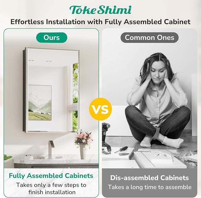 TokeShimi 24x26 Beveled Mirror Medicine Cabinet Recessed, Aluminum Framed Metal Brushed Nickel Medicine Cabinet with Mirrored, Bathroom Mirror with Adjustable Storage and Quiet Hinge