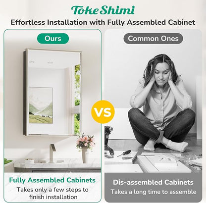 TokeShimi 24x36 Recessed Medicine Cabinet with Mirror Surface Mount, Brushed Nickel Bathroom Mirrored Medicine Cabinet, Bathroom Mirror with Storage Adjustable, Aluminum Framed
