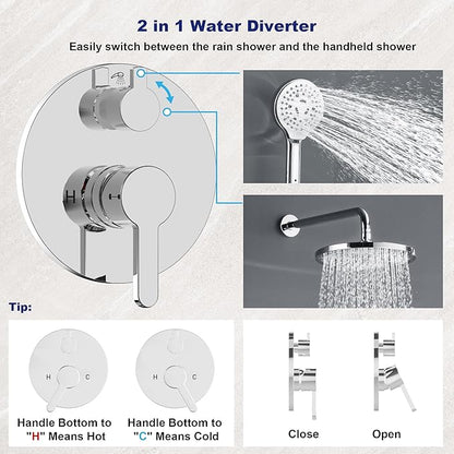 Bathroom Shower Faucet Set Wall Mounted Rainfall Shower System 10 Inches High Pressure Shower Head and Multifunctional Shower Handheld, Included Rough-in Valve and Trim Kit Polished Chrome