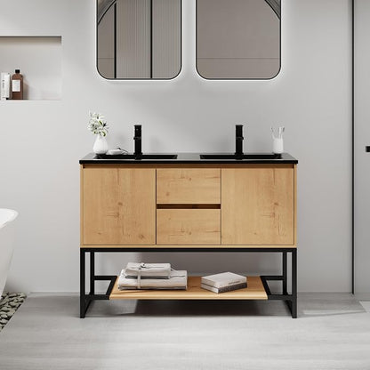 LUCKWIND 48" Modern Bathroom Vanity with Dual Black Sink Combo, Freestanding Storage Cabinet with Metal Frame, Water-Saving Faucet and Open Shelf and 2 Soft-Closing Door, Natural
