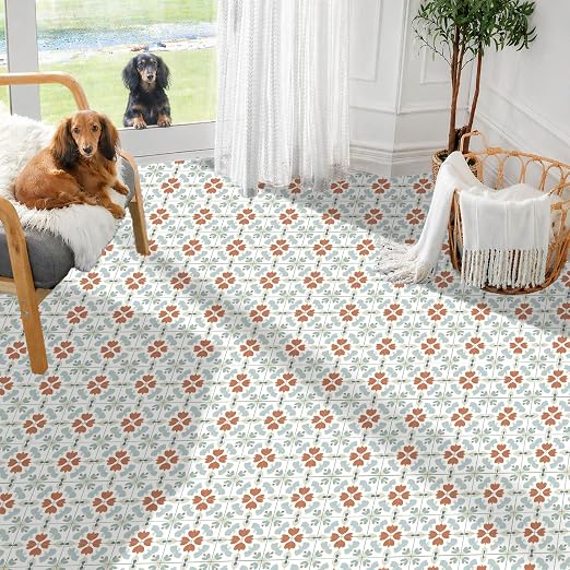 Muted Floral Geometric Peel and Stick Floor Tiles 12x12 Inch 10PCS | Muted teal rust and cream floral geometric pattern vinyl floor stickers for kitchen bathroom entryway and indoor home decor