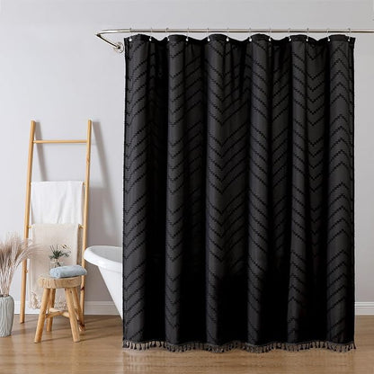 Boho Shower Curtain, Black Fabric Cloth Shower Curtains Farmhouse Tufted Chevron Striped Textured with Tassel for Bathroom, Soft Hotel Style Modern Minimalist, Machine Washable, 72x72, Black