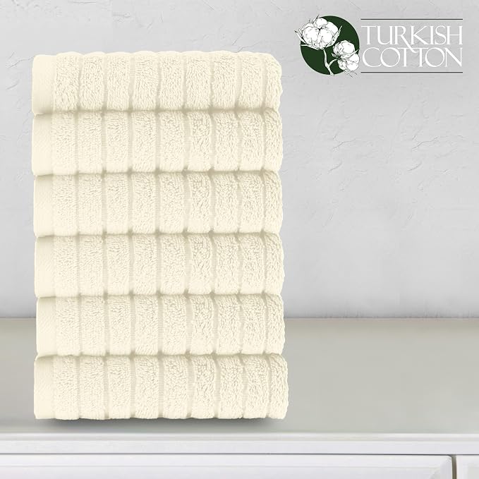 Elegant Comfort 100% Turkish Cotton Corduroy Ribbed Luxury Washcloths 6 Pack Soft 13 x 13 Inch - Higly Absorbent, Durable, Quick Dry, Spa Premium Hotel Quality for Bathroom or Travel, Ivory